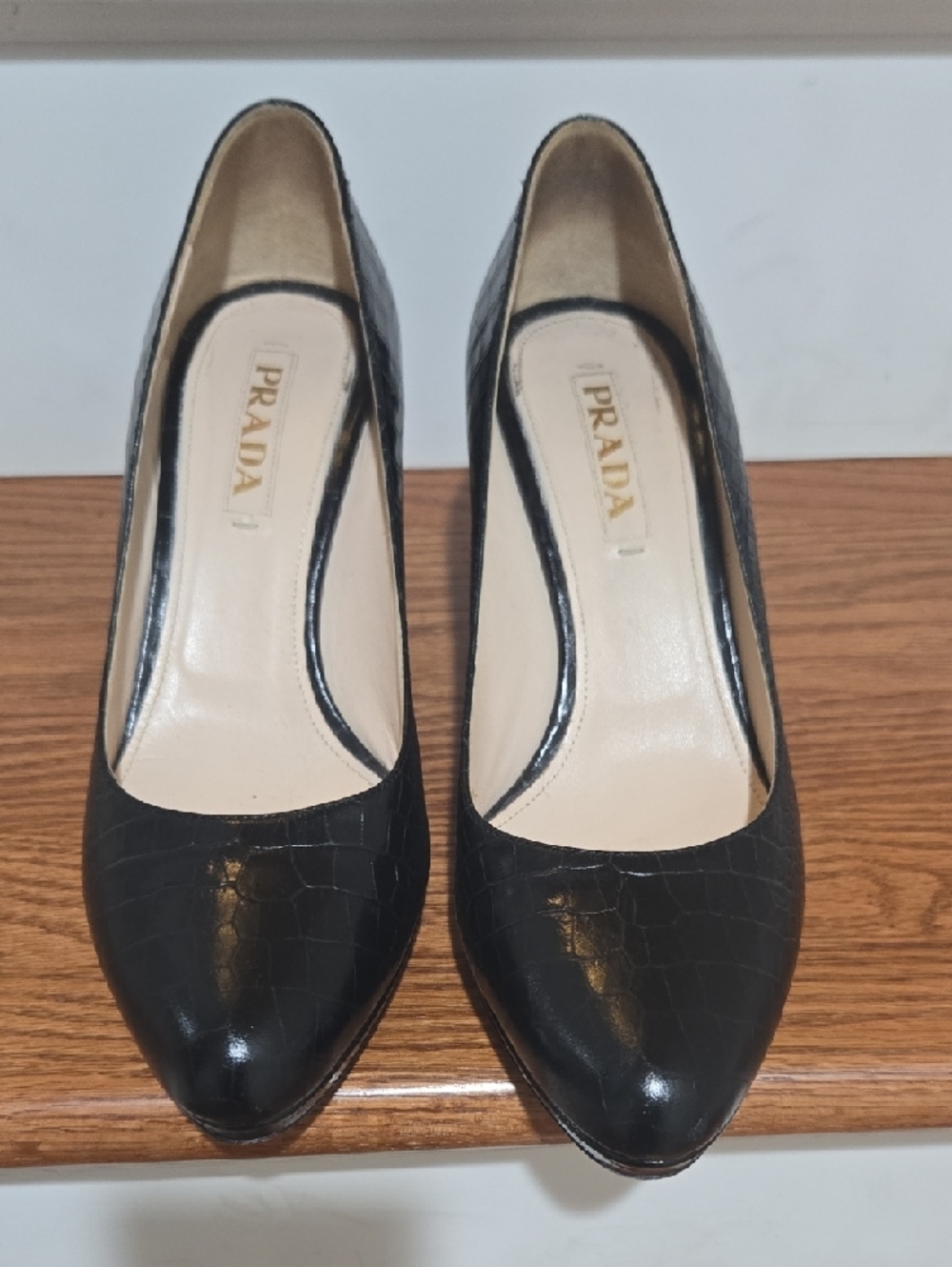 Prada Black Croc-Embossed Pointed Pumps - Picture 7 of 12
